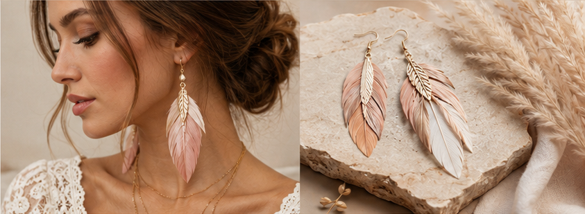 Model wearing blush feather earrings beside a pair of blush and ivory feather earrings