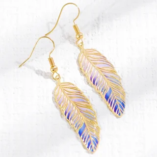 A pair of Aurora Feather Drops featuring iridescent, feather-shaped metal pendants hanging from gold-toned hooks.