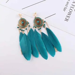 A pair of clip-on earrings with a round, patterned metal medallion and multiple bright teal feathers.