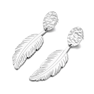 Contour Feather Drops featuring a hammered metal circle stud connected to a smooth, feather-shaped metal drop.