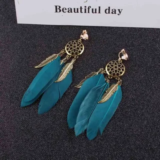 A pair of clip-on earrings featuring a gold-toned openwork circular medallion with several dark feathers dangling below.