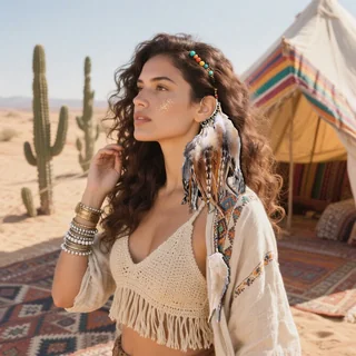 A woman wearing a unique feather ear cuff with cascading plumage and a long beaded chain accent against a desert background.