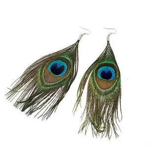 A pair of earrings featuring long peacock feathers with the distinct eye pattern visible.