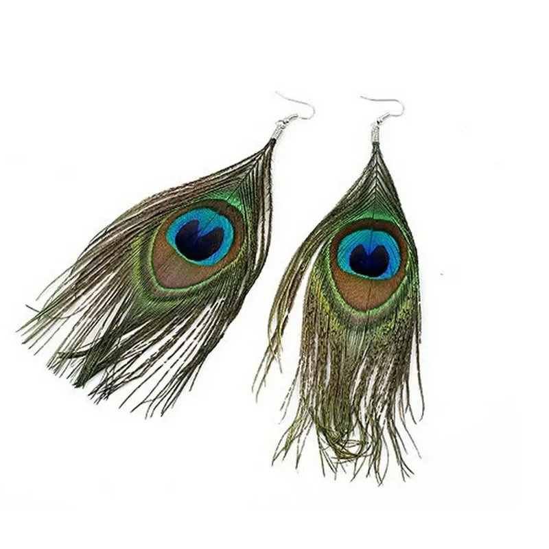 A pair of earrings featuring long peacock feathers with the distinct eye pattern visible.