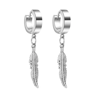 A pair of silver-toned circular hoop earrings with one elongated, detailed feather-shaped charm hanging from each.