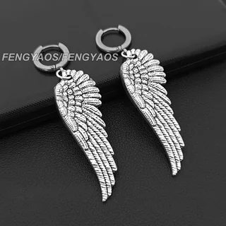 Silver-toned hoop earrings with elongated wing charms covered in overlapping feather-shaped detail.