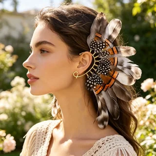 A person wearing a large, fanned-out feather ear cuff with brown and white spotted patterns.
