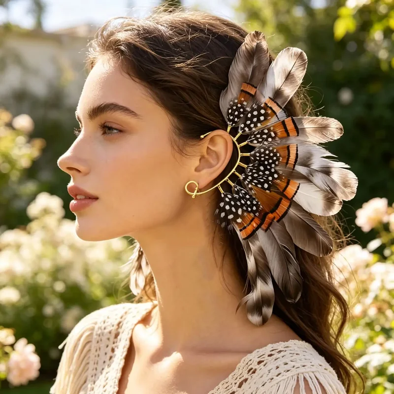 A person wearing a large, fanned-out feather ear cuff with brown and white spotted patterns.