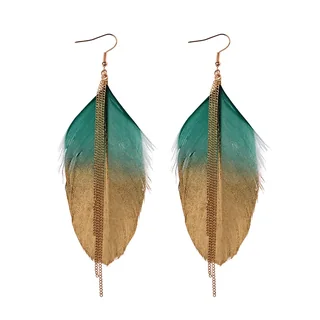 A pair of earrings consisting of a large, single feather shape overlaid with a thin, dangling metal chain.