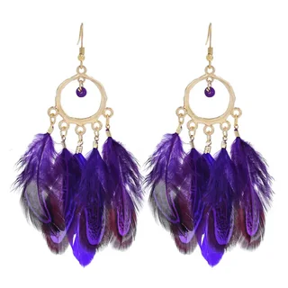 Purple feather earrings featuring a circular metal hoop top with hanging purple plumes.