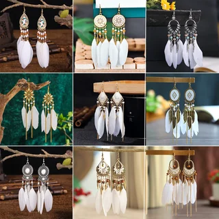 A collage of various chandelier-style feather earrings featuring intricate metal tops and long white plumes.