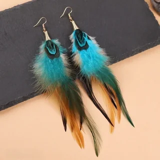 Blue and tan plume drop earrings with patterned eye-like upper accents, wispy clusters, and longer narrow feather strands.
