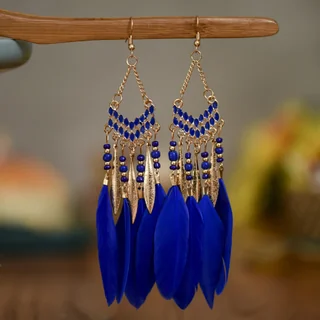 Drop earrings featuring an ornate lattice metal top, beaded strands, and a cluster of soft feathers.