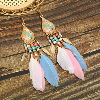 Drop earrings with patterned teardrop metal frames, multi-colored beads, and a mix of plumes and metallic leaf charms.