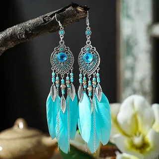 Lagoon Feather Drops featuring a central blue stone and cascading turquoise plumes.