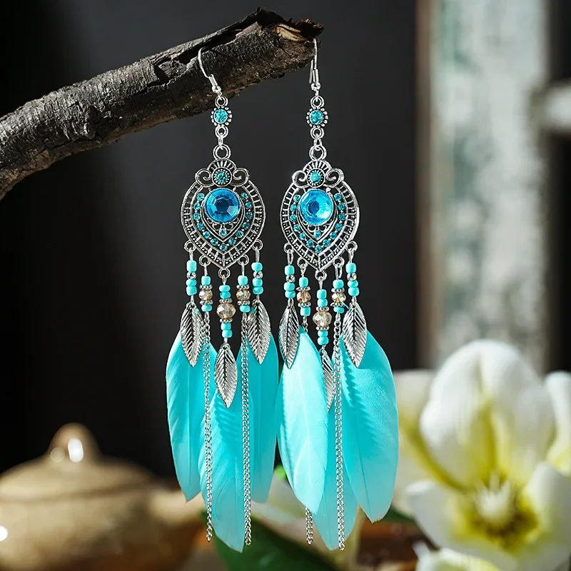 Lagoon Feather Drops featuring a central blue stone and cascading turquoise plumes.