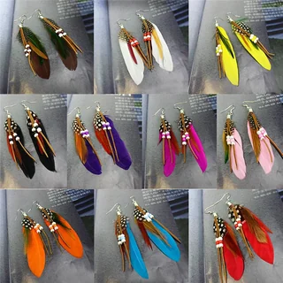 Drop earrings with patterned beads and a collection of soft, multi-colored feathers.