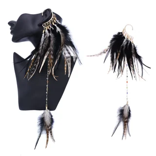 A dramatic ear cuff featuring a dense cluster of black and brown feathers with a long beaded chain hanging down.