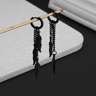 A pair of black hoop earrings with multiple chains and small metallic feather charms hanging from them.