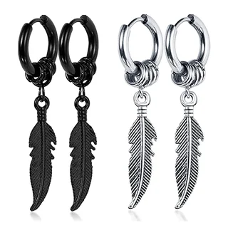 Two pairs of hoop earrings, one black and one silver, featuring dangling etched feather-shaped charms.
