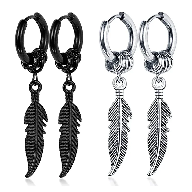Two pairs of hoop earrings, one black and one silver, featuring dangling etched feather-shaped charms.