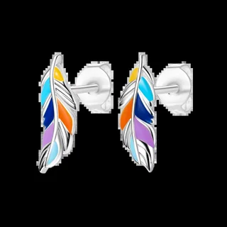 Paintbox Feather Studs featuring a silver-tone feather outline with colorful enamel-style segments.