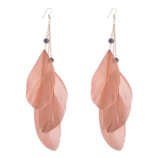 Two drop earrings with soft, muted-tone feathers hanging from long chains with dark faceted beads.