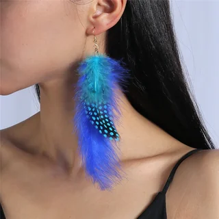 Drop earrings featuring long, vibrant blue and spotted plumes hanging from a gold-toned hook.