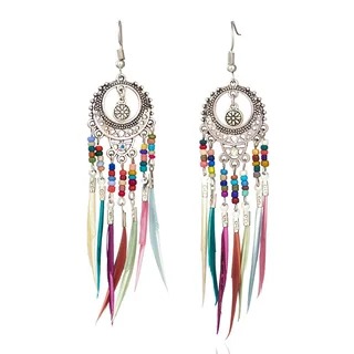 Rainbow Feather Fringe Drops with silver-toned circular frames and colorful bead and feather details.