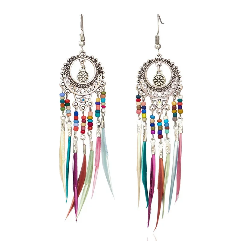 Rainbow Feather Fringe Drops with silver-toned circular frames and colorful bead and feather details.