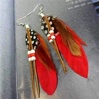 Drop earrings featuring spotted plumes, red plumes, white and red beads, and thin brown suede-like ties.