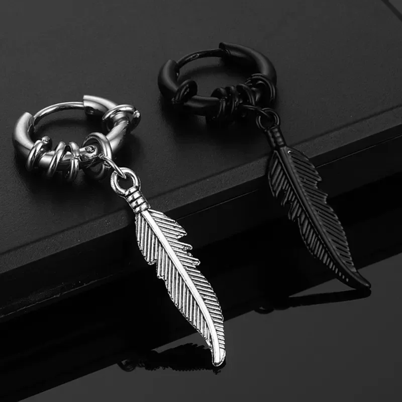 Two Rebel Feather Hoops shown in silver and black metal finishes on a dark surface.