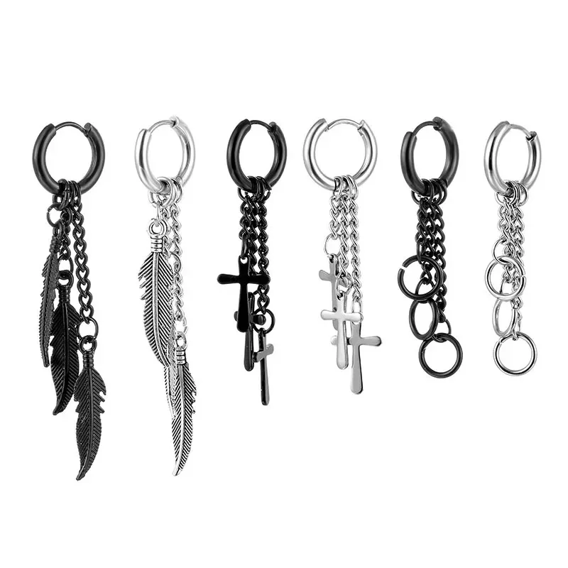 Six different styles of hoop earrings featuring hanging chains with metal feathers, crosses, and rings against a white background.