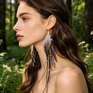 A model wearing long drop earrings with layered, patterned feather strands and decorative upper accents.