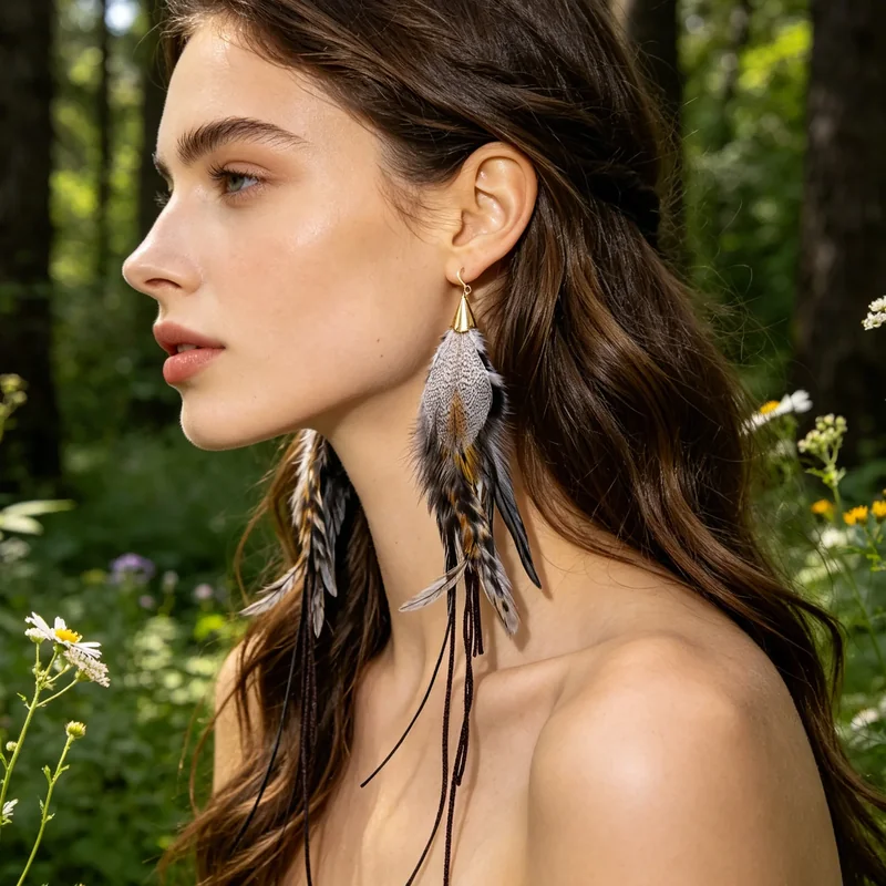 A model wearing long drop earrings with layered, patterned feather strands and decorative upper accents.
