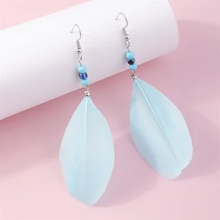 A pair of light blue feather earrings with small blue bead accents.