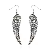 Two silver-tone drop earrings featuring a detailed, textured wing shape on wire hooks.