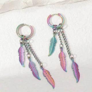 Hoop earrings with three dangling metal chains ending in etched metal feather-shaped charms.