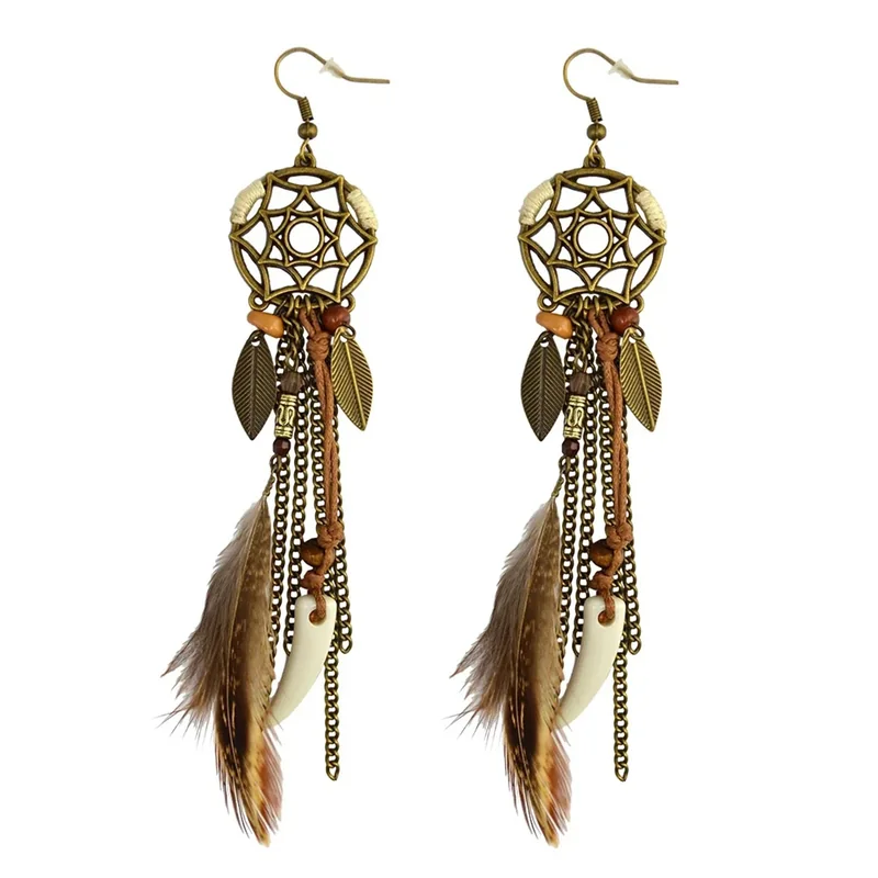 A pair of drop earrings with a circular star-patterned metal top, cascading chains, beads, and brown feathers on a white background.