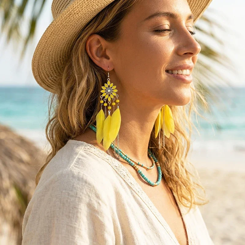 A person wearing bright yellow feather drop earrings with a floral stud design.