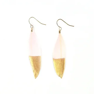 Two drop earrings featuring a single light-colored feather with a metallic gold-tone dipped tip.
