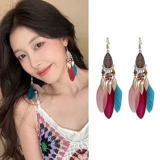 Tapestry Feather Drops featuring a geometric teardrop pendant, beads, and colorful plumes in pink, red, and blue.