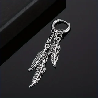A single silver-toned hoop earring with three small, etched feather-shaped metal charms dangling from it.