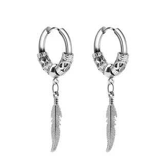 A pair of silver-toned hoop earrings with textured bands and hanging etched feather charms on a white background.