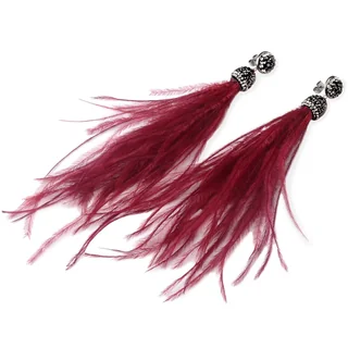 Deep red feather earrings with stone-encrusted spherical tops, displayed on a white background.