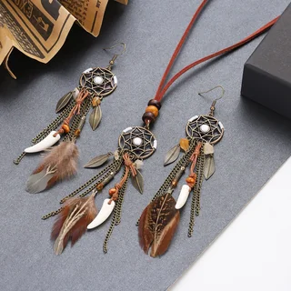 Dreamcatcher-style jewelry including earrings and a necklace with webbed frames, faux-bone charms, and brown feathers.