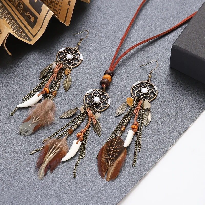 Dreamcatcher-style jewelry including earrings and a necklace with webbed frames, faux-bone charms, and brown feathers.
