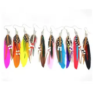 A selection of Waypoint Beaded Feather Drops in various colors and spotted plume styles.