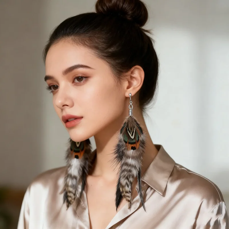 Long, earth-toned patterned feather drop earrings worn by a model in a beige silk shirt.