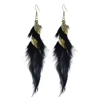 Drop earrings featuring dense black soft feathers layered with metallic feather-shaped motifs.